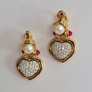 Vintage CAMEON Canada Rhinestone Heart Faux Pearl Clip-on Earrings